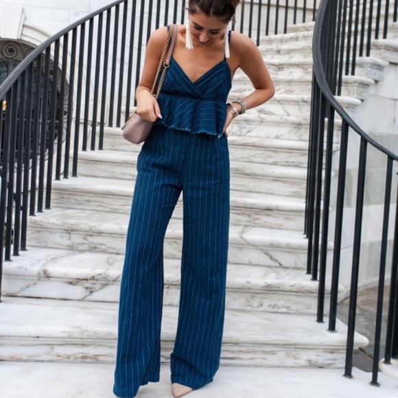 Anthropologie Pants - Anthropologie Ett:twa Denim Pinstripe Tank Ruffle Jumpsuit Large
